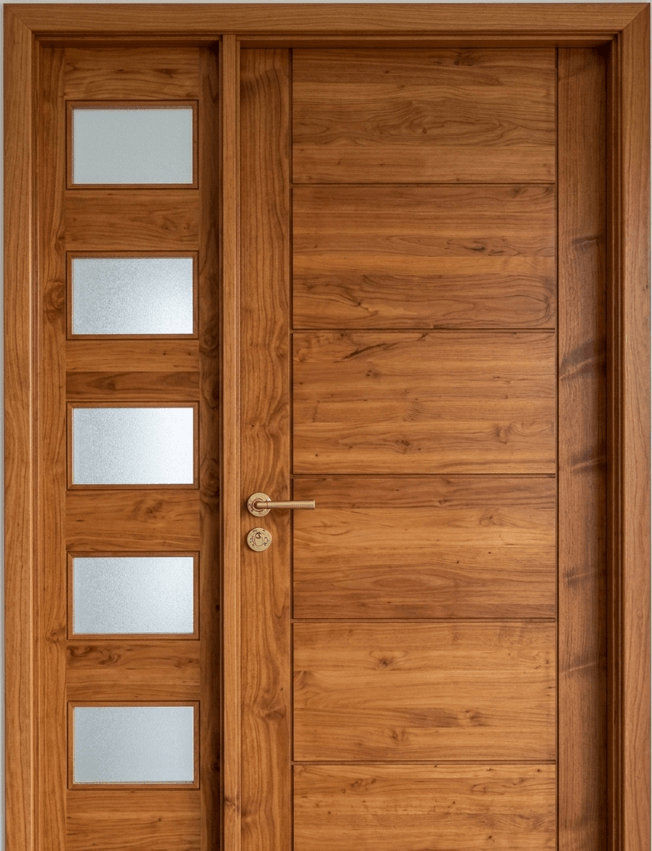 Puerta principal de madera nativa con diseño moderno